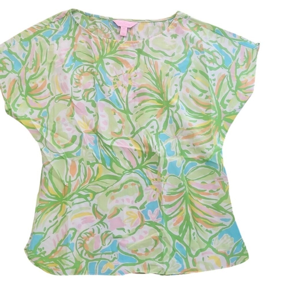 Lilly Pulitzer Silk Blouse‎ Charm Rich Mom Elephant Ear Print Pink Green Xsmall